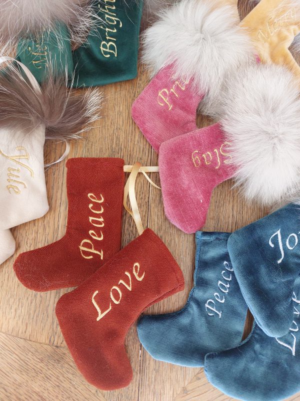 Peace, Love, Joy Embroidered Mini Christmas Stocking Decoration - Image 2